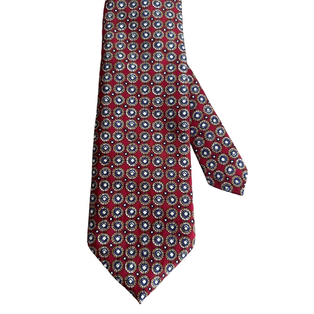 Chaps Ralph Lauren Mens Silk Tie Burgundy Red Gold Medallion Geometric USA Made